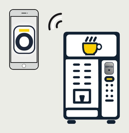A phone showing a bright ring on its screen, held in front of a vending machine fitted with an OPTO reader, with a signal arc between them