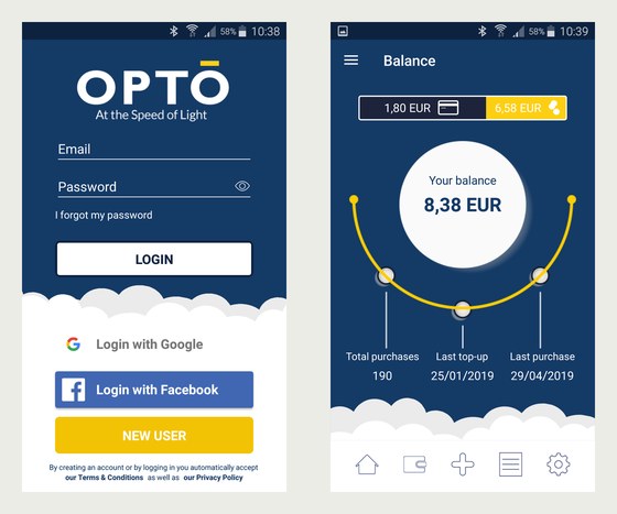 Two OPTO screens: the sign-in screen with the OPTO logo and the strapline At the Speed of Light, and the balance screen showing the wallet total, the number of purchases and the dates of the last top-up and the last purchase