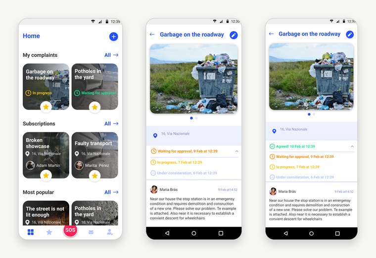 Three Smart Comune screens: home feed, a request waiting for approval, and the same request agreed