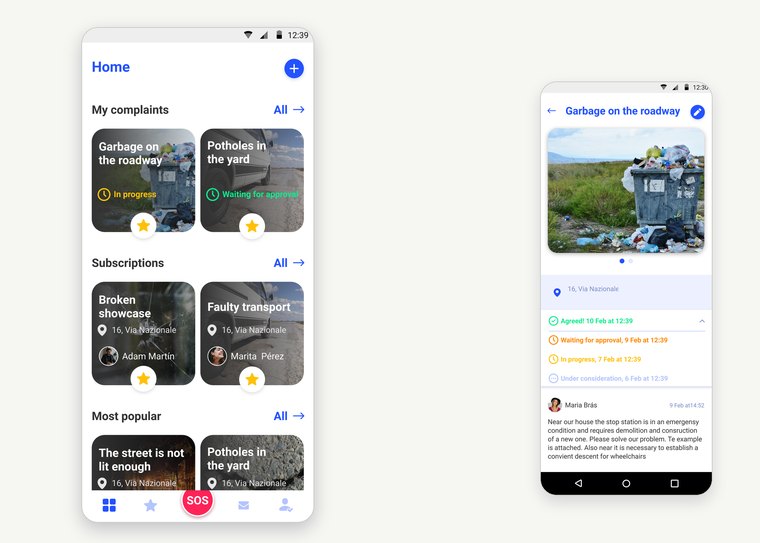 Smart Comune — the resident’s home screen and a request closed with the crew’s work report
