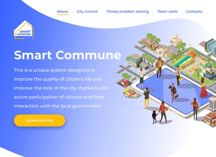 An early Smart Comune landing-page concept: an isometric illustration of a town with people, and a headline explaining the system to residents