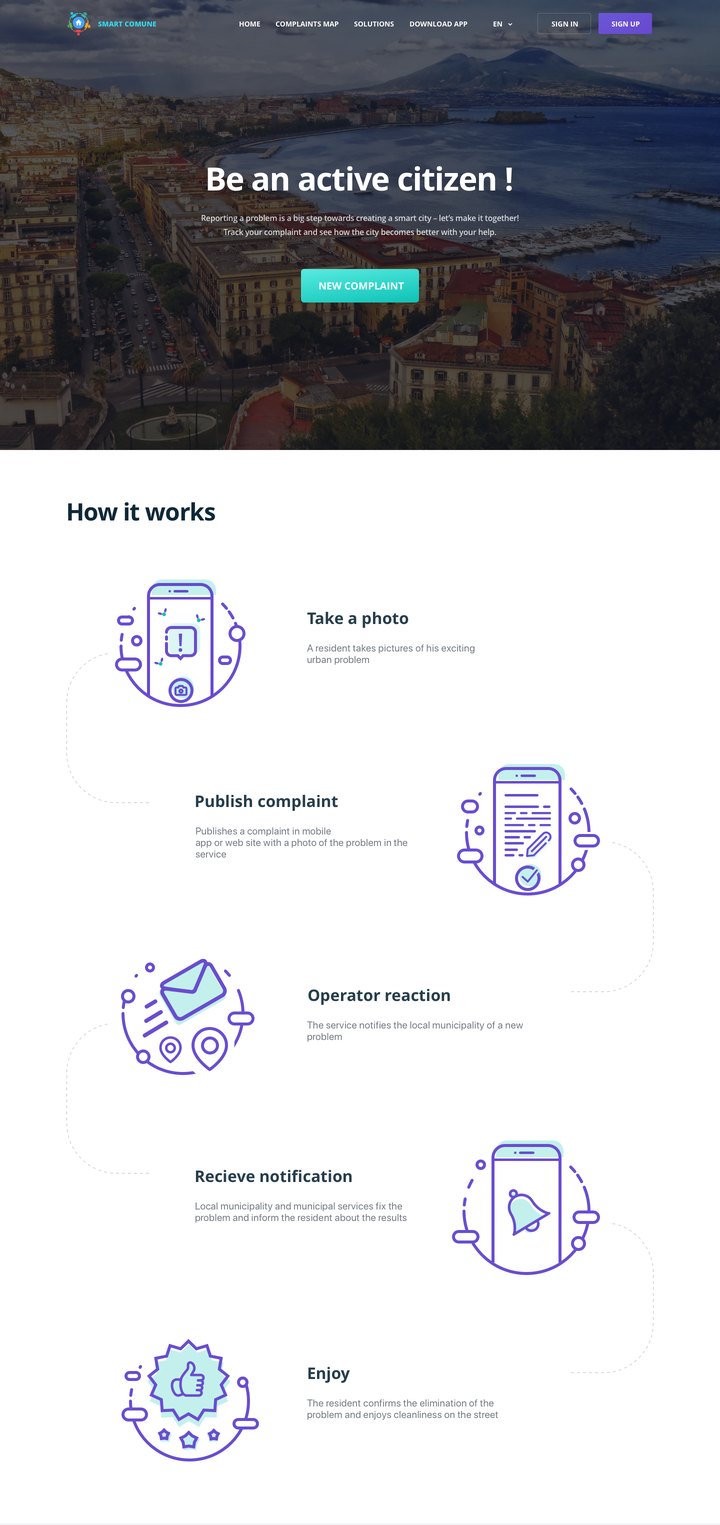 The public Smart Comune home page: a photograph of an Italian city, the headline “Be an active citizen”, a single New complaint button, and five illustrated steps explaining how a report is handled