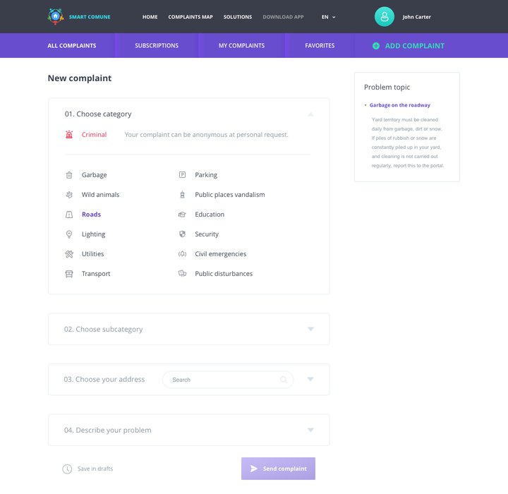 The Smart Comune reporting form: twelve categories with an anonymous Criminal category above them, then subcategory, address and description