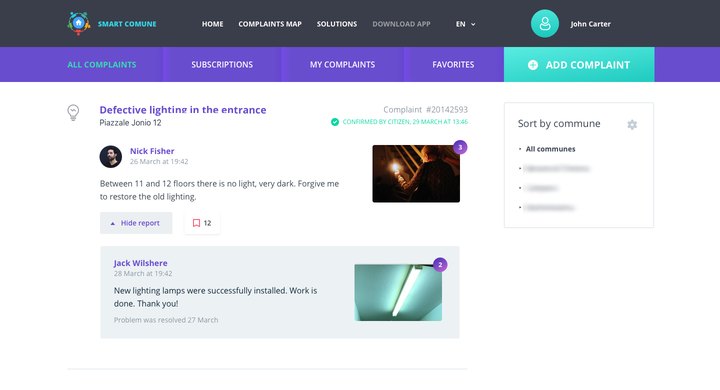 The Smart Comune public feed: a resident’s report about defective lighting, the crew’s work report with a photograph, and the request marked confirmed by citizen