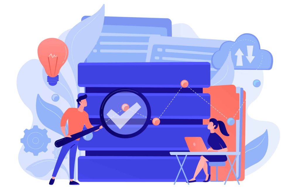 Developers with magnifying glass studying data analytics. Database research and management, search analysis, big data statistics and sharing concept. Vector isolated illustration.